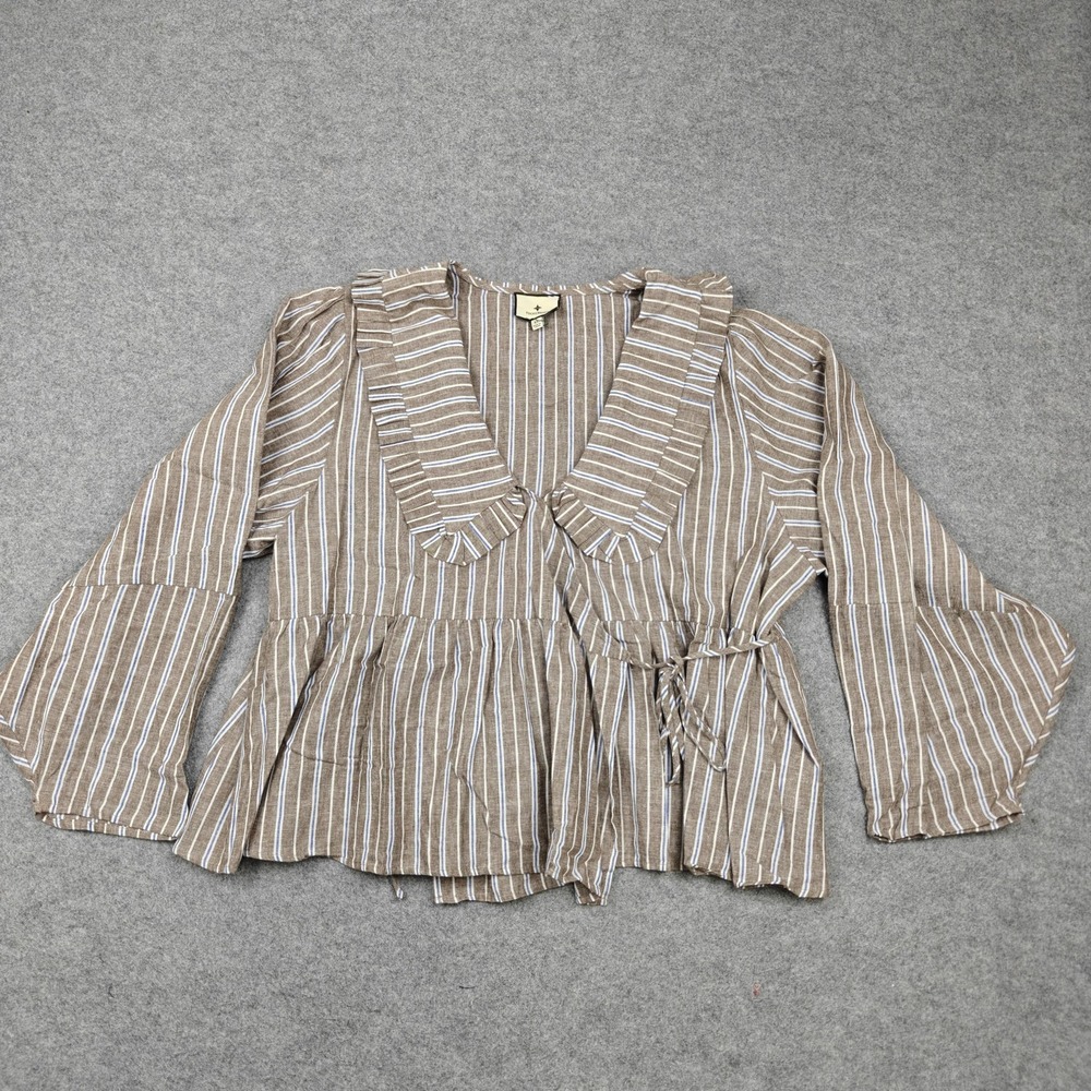 Tuckernuck Blouse Womens XL Brown Stripe Ruffle V Neck Tie Waist Peplum Top - Picture 1 of 11